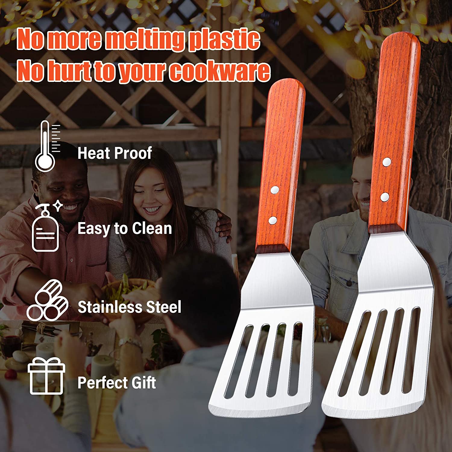 2 Pieces Slotted Fish Spatulas with Wooden Handle and Stainless Steel Wide Thin Kitchen Cooking Spatula Turner Beveled Edge Curved Spatula 