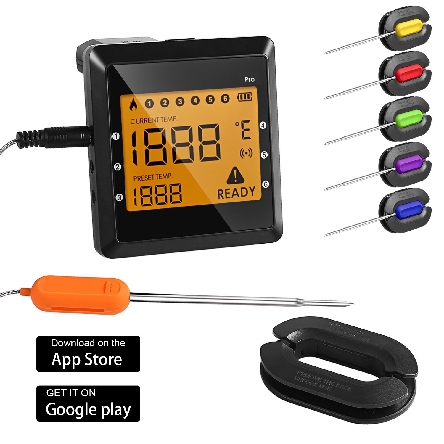 Bluetooth Meat Thermometer, Wireless Digital BBQ Thermometer for Grilling Smart with 6 Stainless Steel Probes 