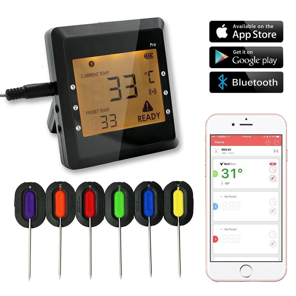 Bluetooth Meat Thermometer, Wireless Digital BBQ Thermometer for Grilling Smart with 6 Stainless Steel Probes 