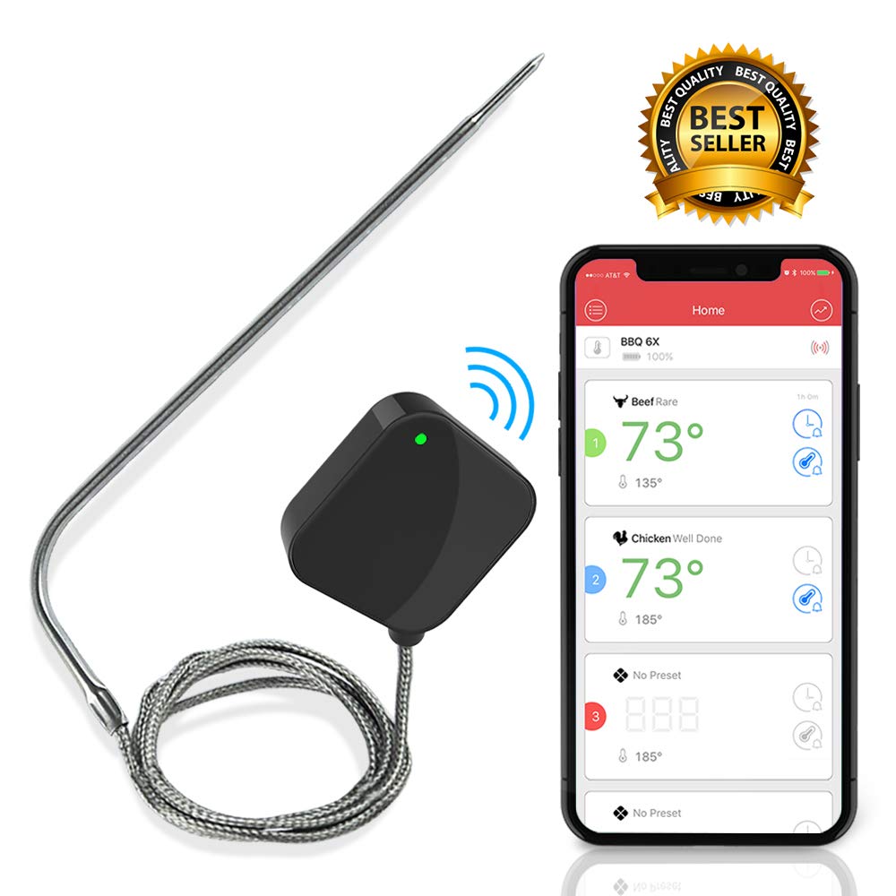 Smart Bluetooth BBQ Thermometer - Upgraded Stainless Probe Safe to Leave in Grill, Outdoor Barbecue or Meat Smoker - Wireless Remote Alert iOS Android Phone  App