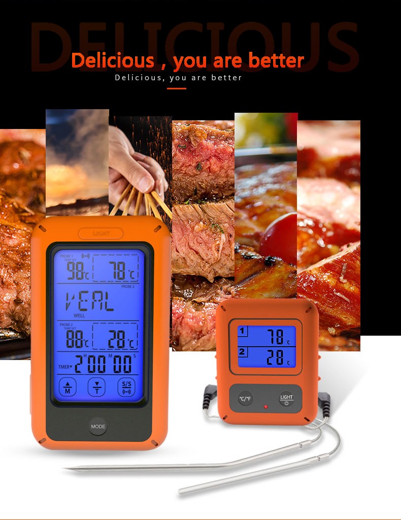 Touch Screen Backlight LCD Wireless Remote Digital Kitchen Food Meat Thermometer with Dual Probe Alarm Timer Instant Read 