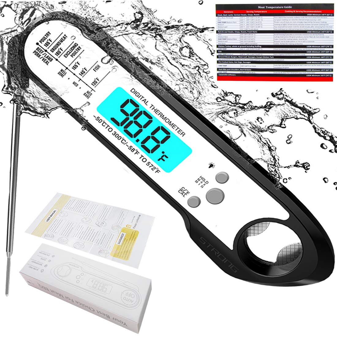 IP67 Waterproof Kitchen Foldable Thermometer Digital Meat Thermometer Fast Instant Read BBQ Thermometer with Calibration and Backlit Function Cooking Thermometer for Food, Candy, Grill, Smokers, Black
