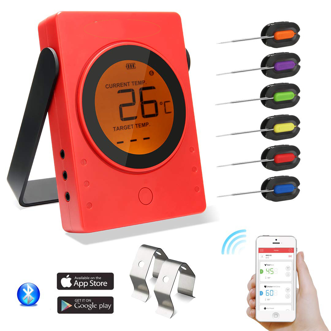 Barbecue Meat Thermometer Wireless Bluetooth BBQ LCD Remote Digital Grill Food Cooking Thermometer with 6 Probes 2 Holder Clip for BBQ Smoker Cooker Support IOS and Android Phone 