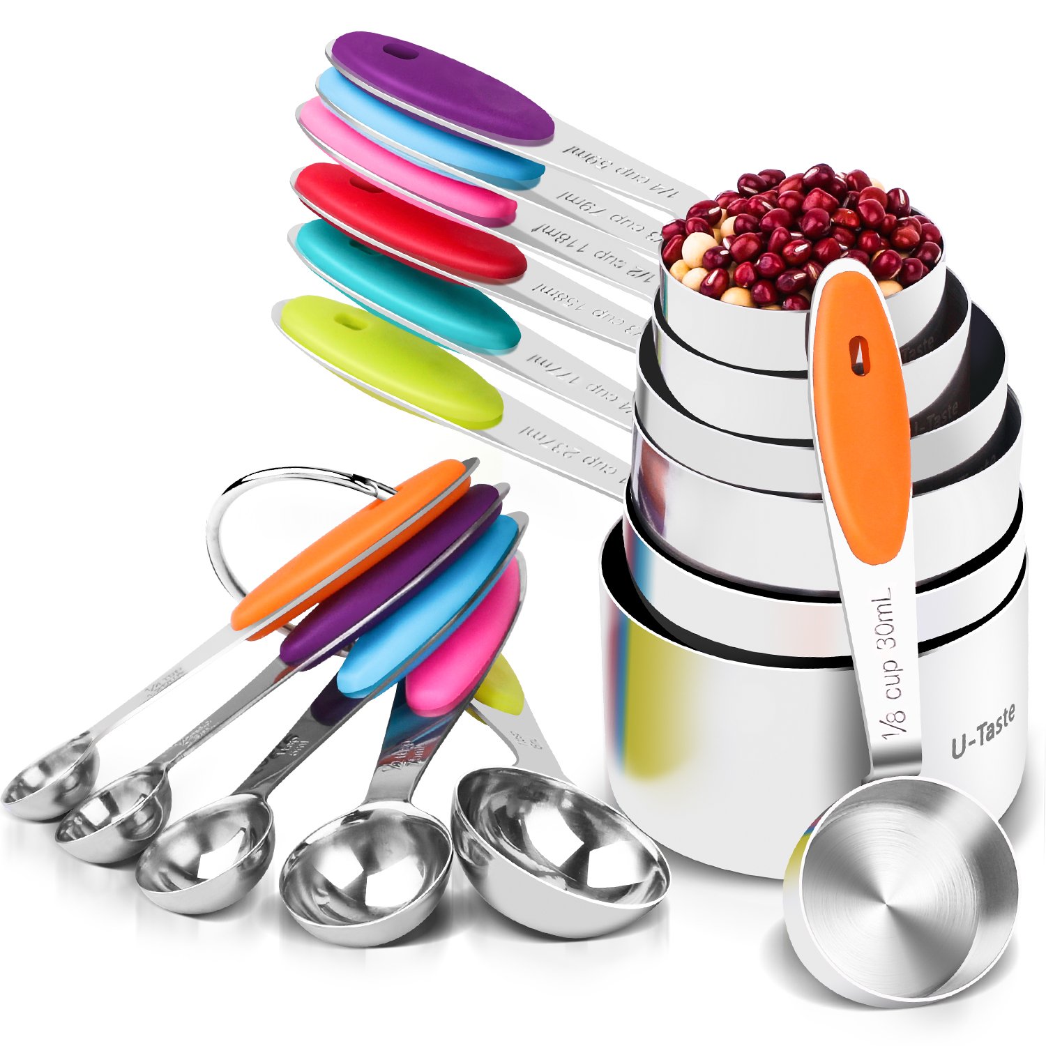 12 Piece Measuring Cups and Spoons Set in 18/8 Stainless Steel : 7 Measuring Cups & 5 Measuring Spoons