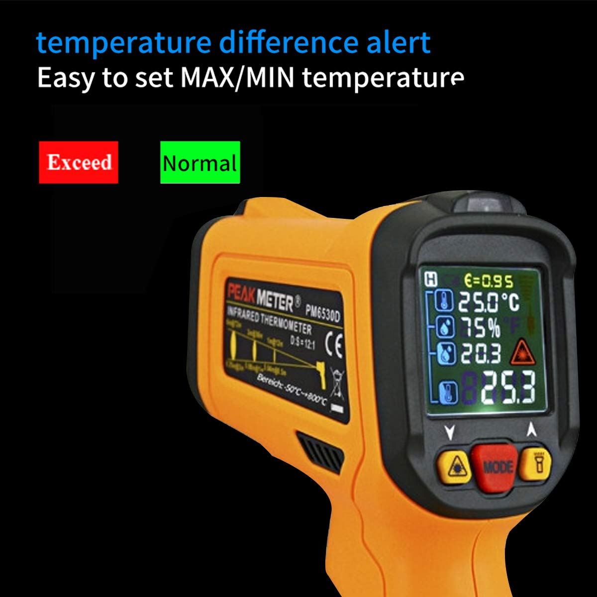 Laser Infrared Thermometer,Non Contact Temperature Gun Instant-Read -58 ℉to 1472℉with LED Display K-Type Thermocouple for Kitchen Cooking BBQ Automotive and Industrial PM6530D Thermometer