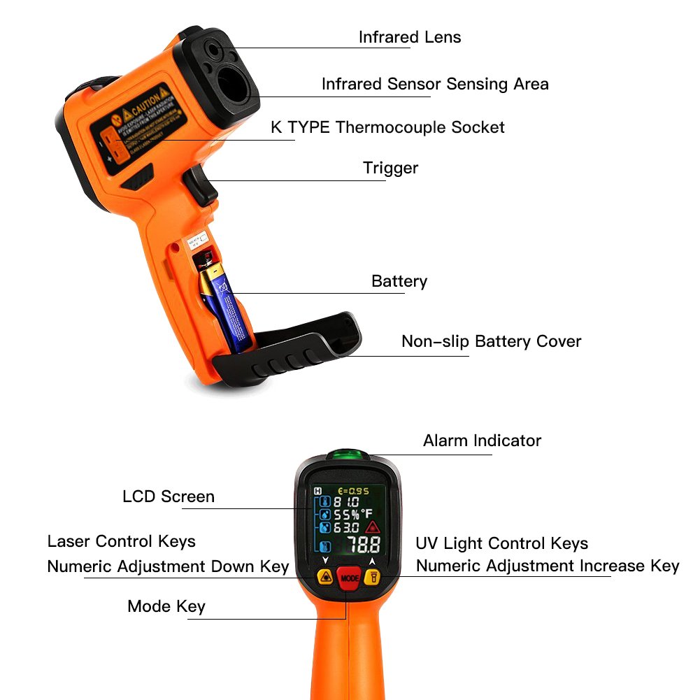 Digital Laser Infrared Thermometer, Non Contact Temperature Gun Instant-read -58 ℉to 1472℉with LED Display K-Type Thermocouple