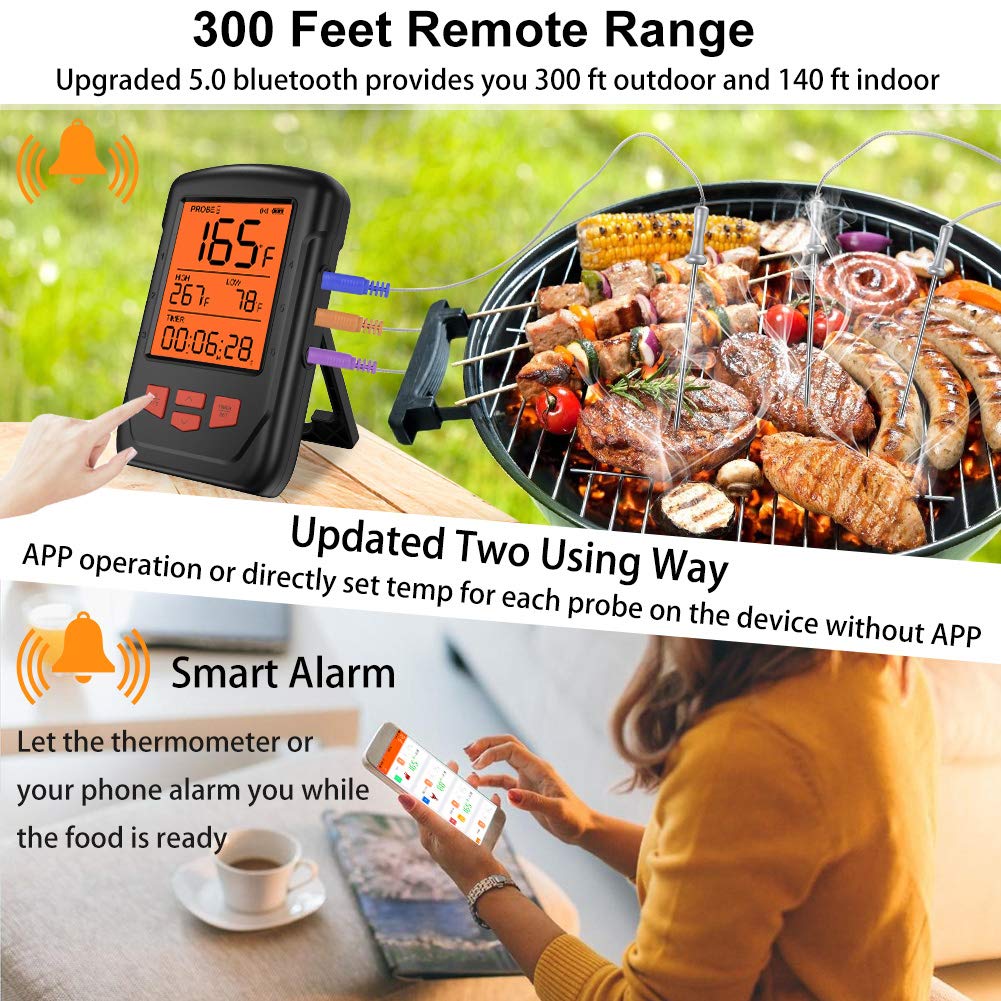 Bluetooth Digital Food Grill Thermometer with 6 Temperature Probe for Smoker Grilling BBQ Turkey Kitchen Cooking Thermometer