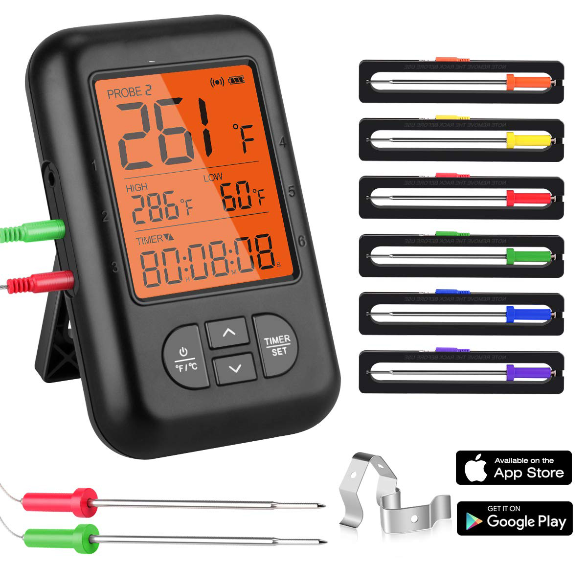 Wireless Meat Thermometer, Bluetooth Food Grill bbq Thermometer with 6 Temperature probe 