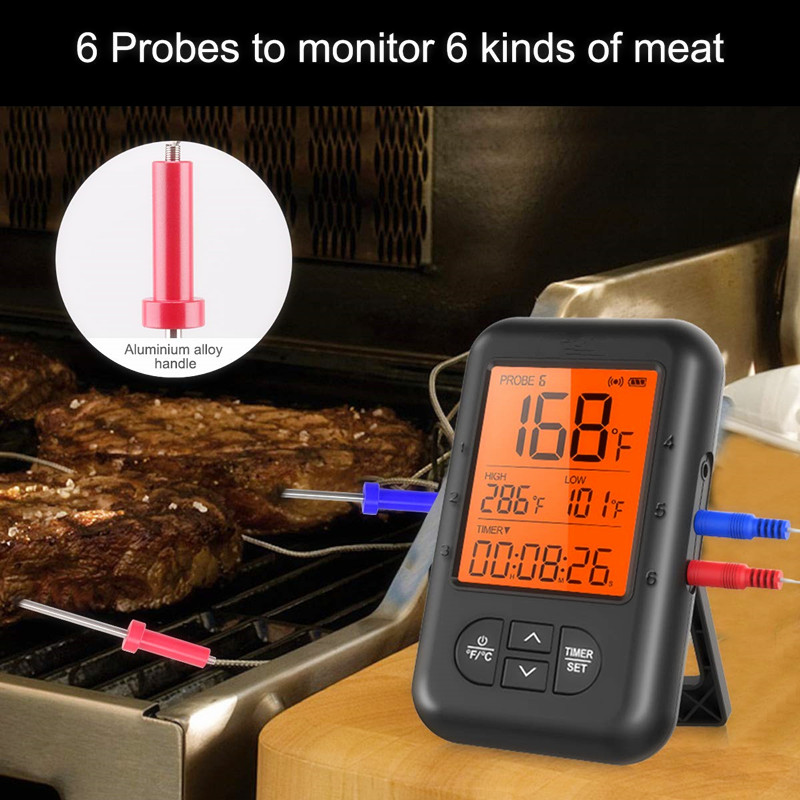 Wireless Meat Thermometer, Bluetooth Food Grill bbq Thermometer with 6 Temperature probe 