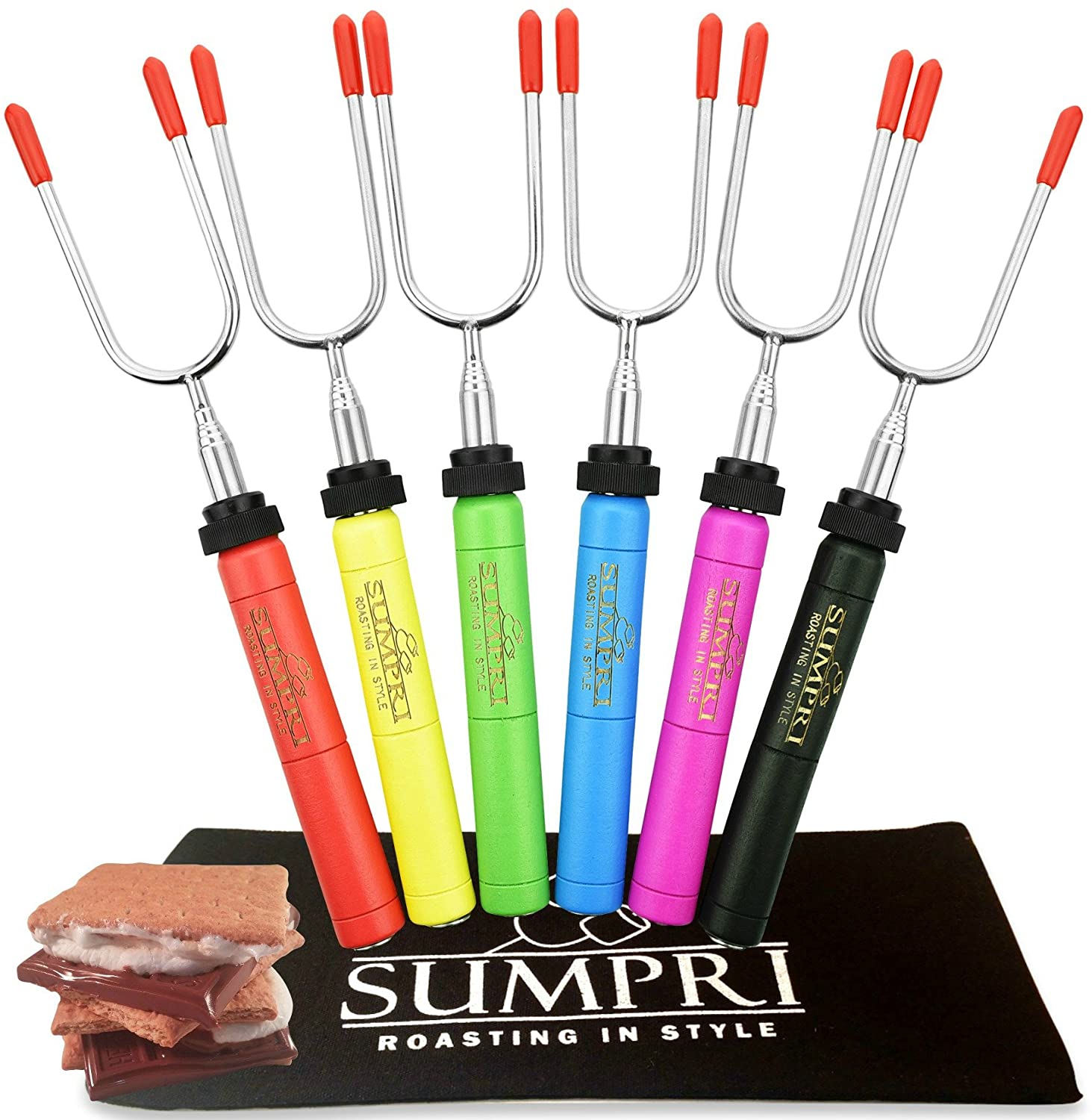 SUMPRI Marshmallow Roasting Sticks, smores Skewers TelescopSing Rotating Forks Set of 6 Hot Dog Fire Pit Outdoor Fireplace Campfire Accessories-6 Multicolored 34 Inch Extendable Steel Fork Camping Kit