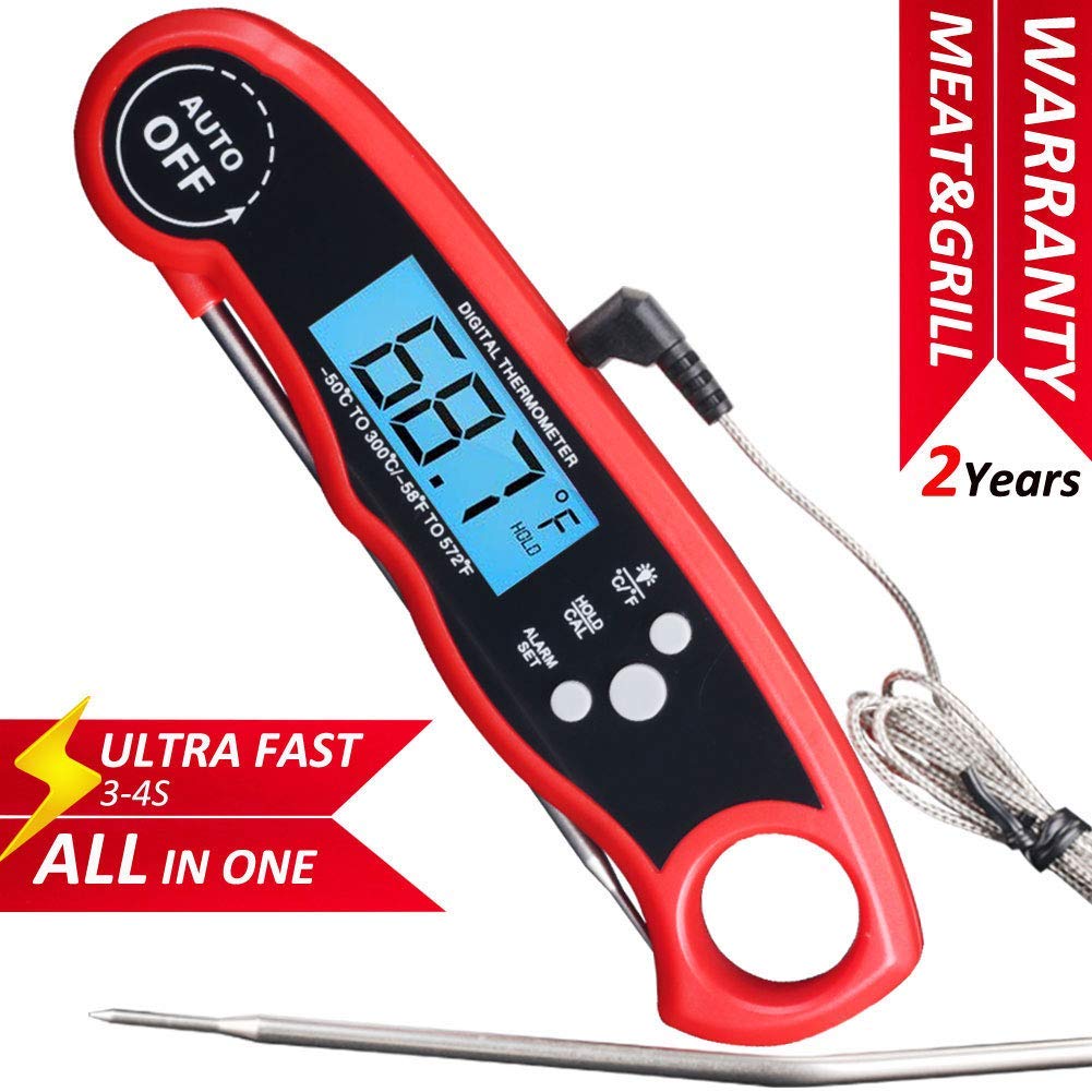 Meat Thermometer, 2 in 1 Meat Thermometer Instant Read, Digital Food Thermometer with Alarm Function Backlight for Cooking, Grilling, Smoking, Frying, Baking, Kitchen, Oven, Turkey, Steak (Red)