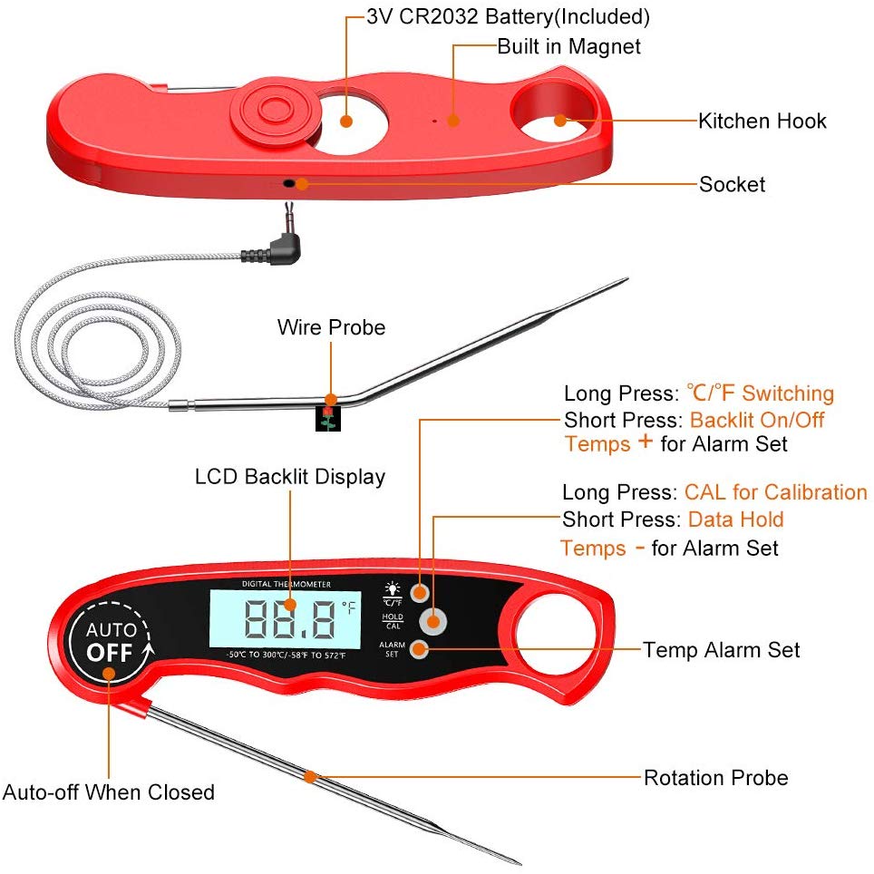 Meat Thermometer, 2 in 1 Meat Thermometer Instant Read, Digital Food Thermometer with Alarm Function Backlight for Cooking, Grilling, Smoking, Frying, Baking, Kitchen, Oven, Turkey, Steak (Red)