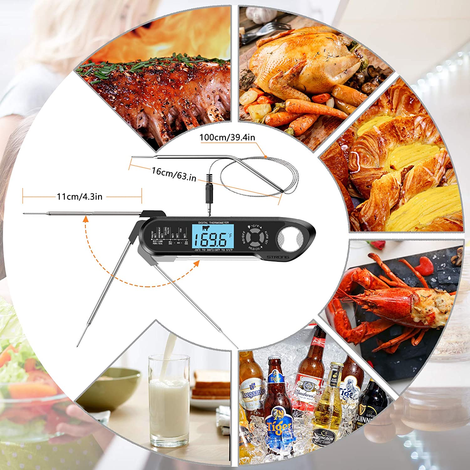 Meat Thermometer, 2 in 1 Meat Thermometer Instant Read, Digital Food Thermometer with Alarm Function Backlight for Cooking, Grilling, Smoking, Frying, Baking, Kitchen, Oven, Turkey, Steak (Red) - 副本