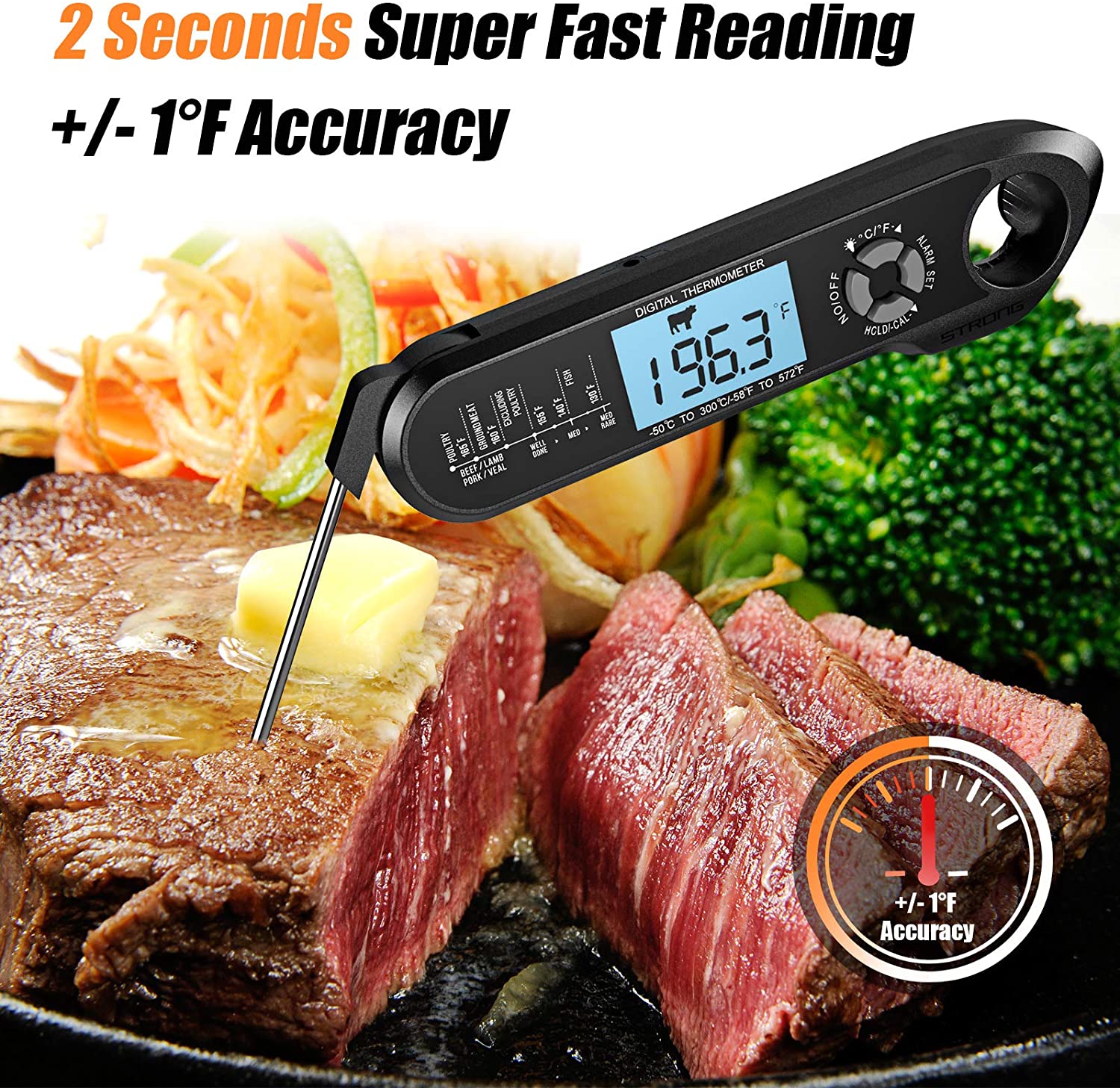 Meat Thermometer, 2 in 1 Meat Thermometer Instant Read, Digital Food Thermometer with Alarm Function Backlight for Cooking, Grilling, Smoking, Frying, Baking, Kitchen, Oven, Turkey, Steak (Red) - 副本