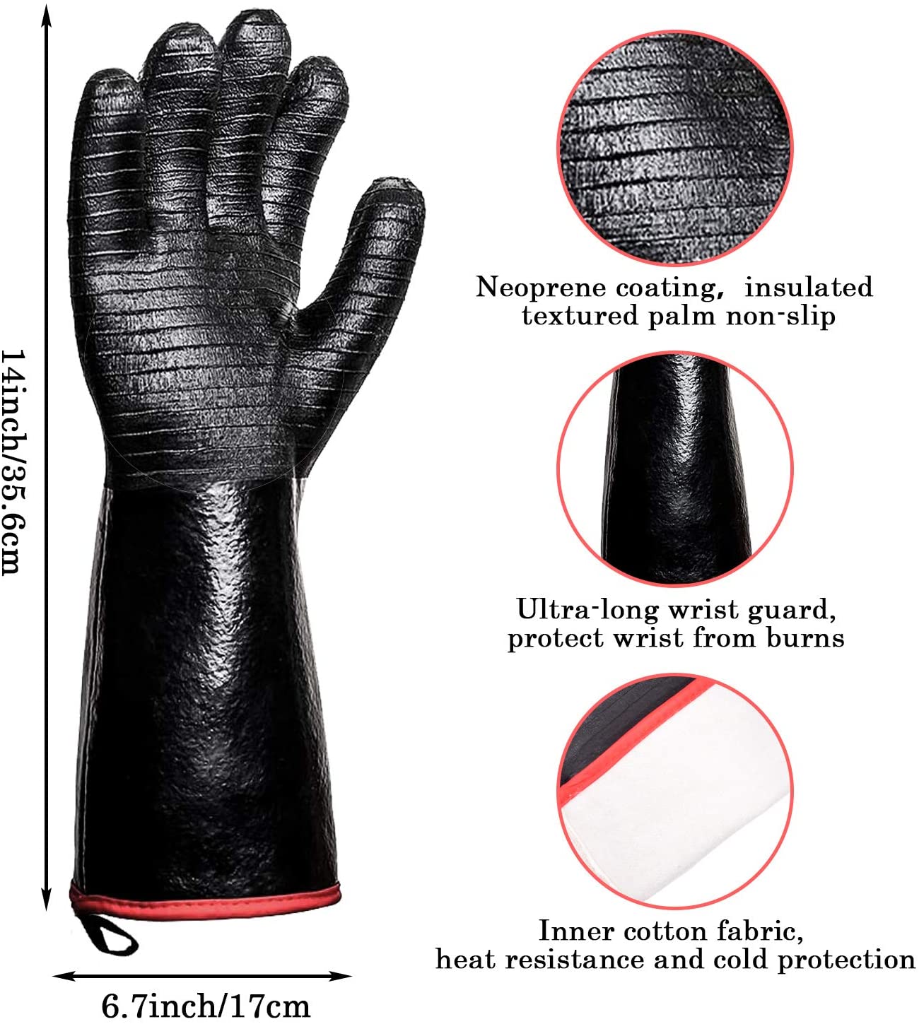 BBQ Oven Gloves 14 Inches,932℉,Heat Resistant-Smoker, Grill, Cooking Barbecue Gloves, for Handling Heat Food Right on Your Fryer,Grill, Waterproof, Fireproof, Oil Resistant Neoprene Coating