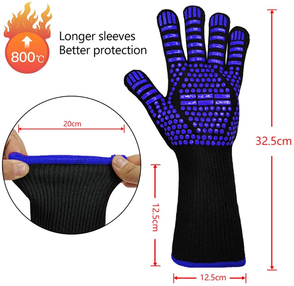 BBQ Heat Gloves, Grilling Gloves with Cut Resistant, 1472°F Extreme Heat Resistant Gloves BBQ Kitchen Silicone Oven Mitts for Cooking, Grill, Frying, Baking