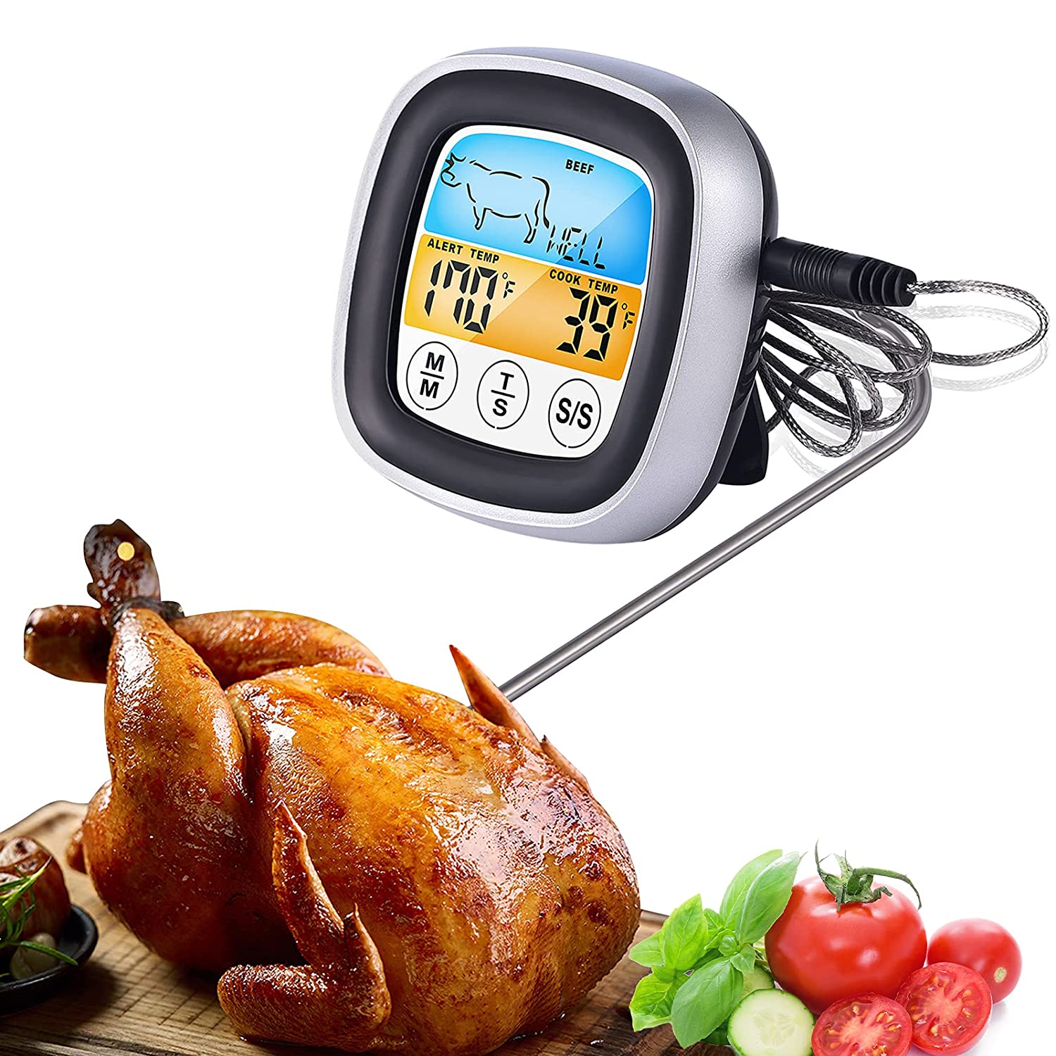 Instant Read Digital Meat Thermometer Touchscreen Food Thermometer with Sensitive Color LCD Backlight Display and Timer Modes for BBQ Kitchen Oven