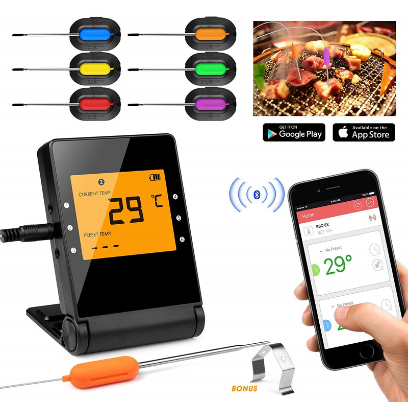Bluetooth Grilling Cooking Food, Wireless Remote Digital Thermometer for Oven Kitchen Smoker BBQ, iPhone & Android Phone, 4 Probes
