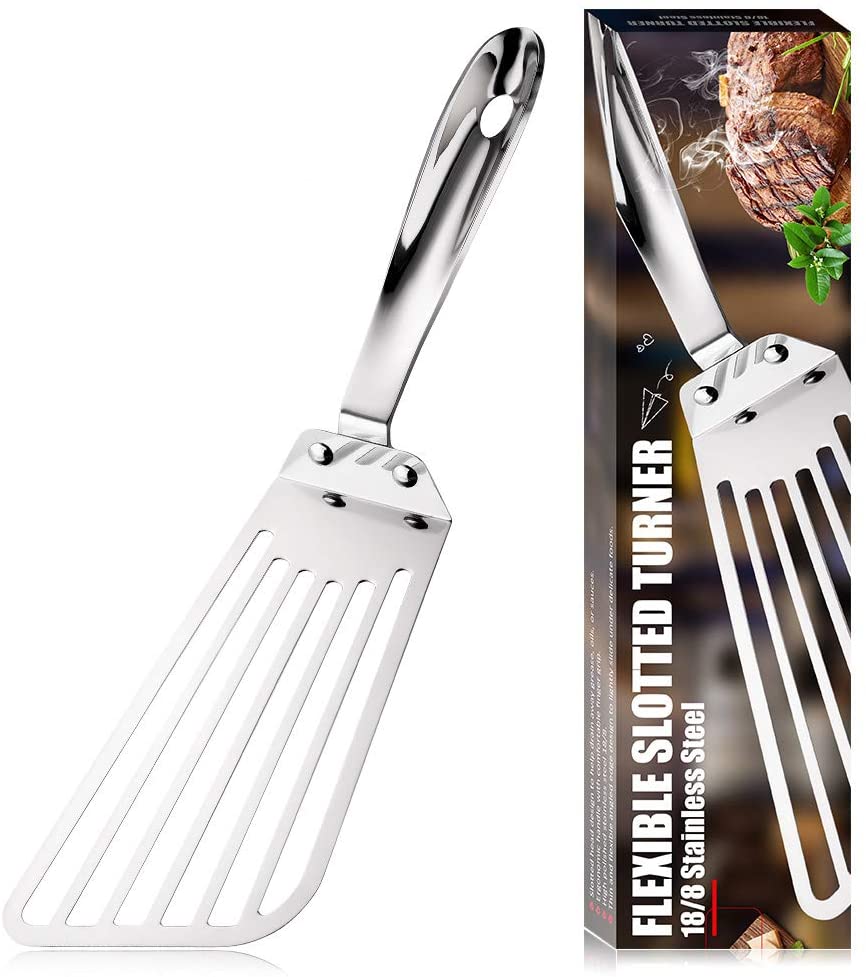Fish Spatula Stainless Steel flexible Slotted Turner - Thin-Edged Design Ideal For Turning Flipping 