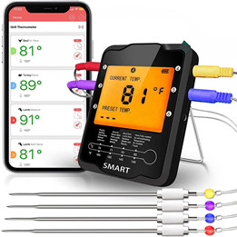 Bluetooth Grilling Cooking Food, Wireless Remote Digital Thermometer for Oven Kitchen Smoker BBQ, iPhone & Android Phone, 4 Probes