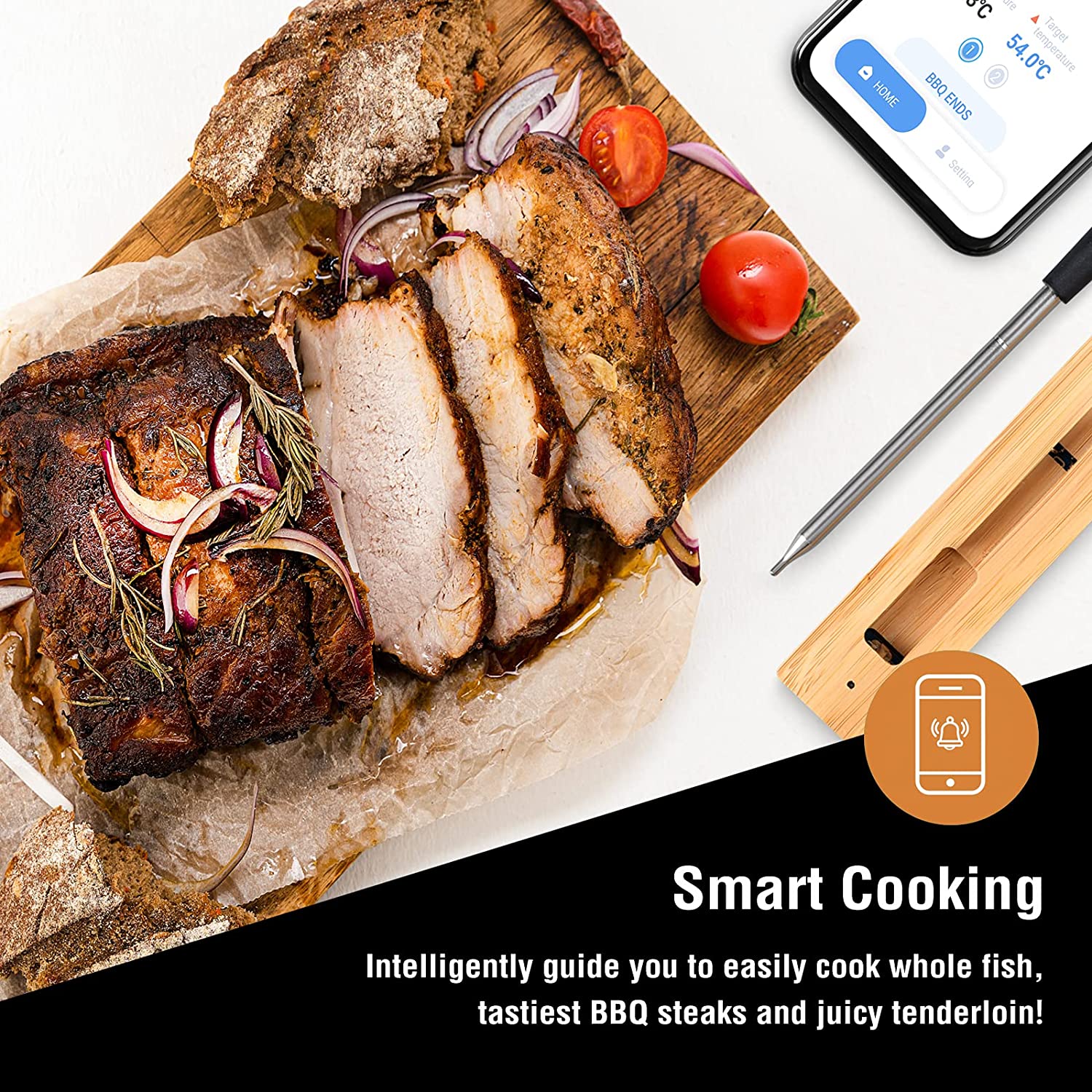 165ft Long Range Smart Wireless Meat Thermometer with Bluetooth for Oven, Grill, Kitchen, BBQ, Smoker, Sous Vide, Rotisserie
