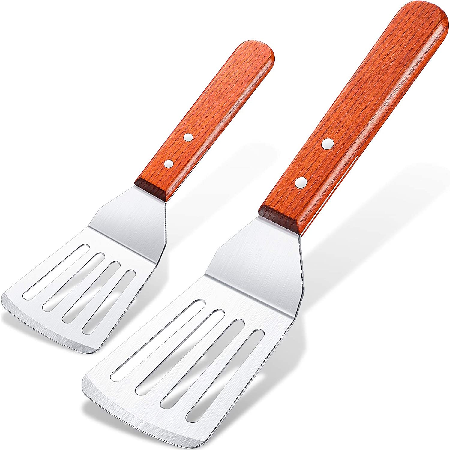 2 Pieces Slotted Fish Spatulas with Wooden Handle and Stainless Steel Wide Thin Kitchen Cooking Spatula Turner Beveled Edge Curved Spatula for Grilling Frying Cooking