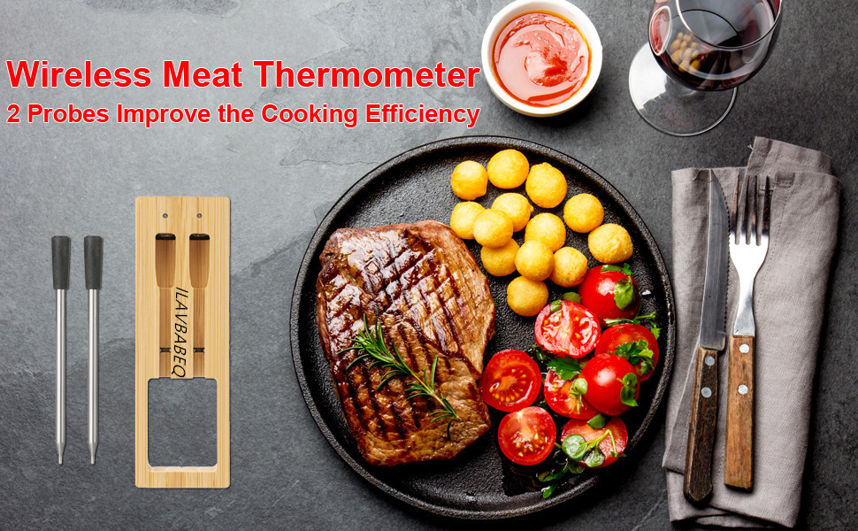 Wireless Meat Thermometer with Bluetooth for 165ft Range on The BBQ Grill Rotisserie Oven, Digital Bluetooth Meat Thermometer with More Recipes of Food for Cooking in Kitchen Stove Top Grill