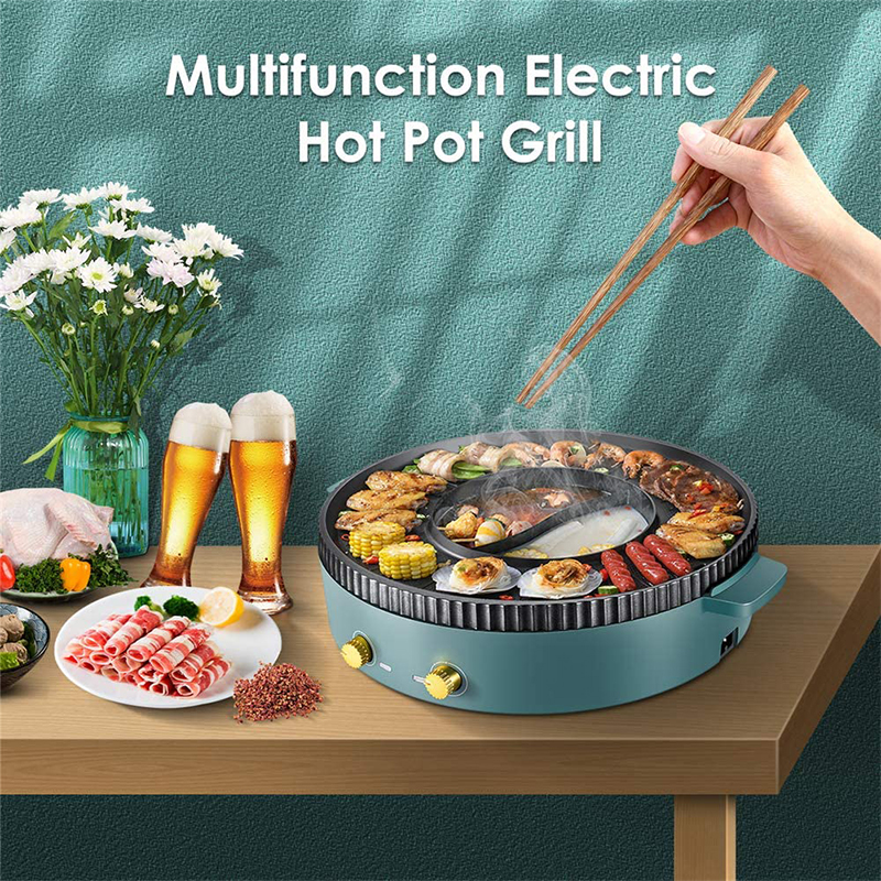 2 In 1 Multifunction Indoor Hotpot Electric BBQ Grill Pan With Lid