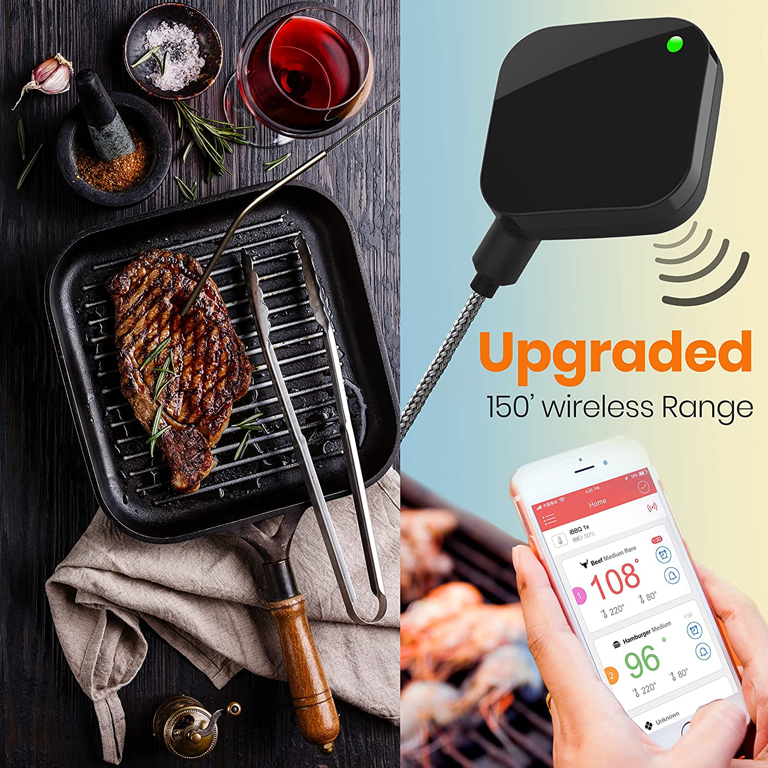 Smart Bluetooth BBQ Thermometer - Upgraded Stainless Probe Safe to Leave in Grill Outdoor Barbecue Meat Smoker 