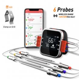 Wireless Bluetooth Meat Thermometer with 6 Probes, Smart APP Digital BBQ Grill Thermometer ,Magnetic Sucker&Timer, Remote Monitor Alarm Notification for Oven, Grilling, Kitchen, Smoker
