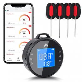 WiFi Meat Thermometer with 4 Probes, Wireless Bluetooth Meat Thermometer Timer, Infinite Distance Remote Monitor Alarm for Smokers Grilling BBQ Oven Kitchen