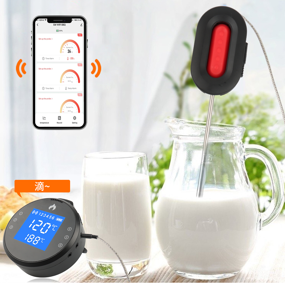 WiFi Meat Thermometer with 4 Probes, Wireless Bluetooth Meat Thermometer Timer, Infinite Distance Remote Monitor Alarm for Smokers Grilling BBQ Oven Kitchen