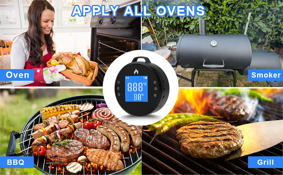 WiFi Meat Thermometer with 4 Probes, Wireless Bluetooth Meat Thermometer Timer, Infinite Distance Remote Monitor Alarm for Smokers Grilling BBQ Oven Kitchen