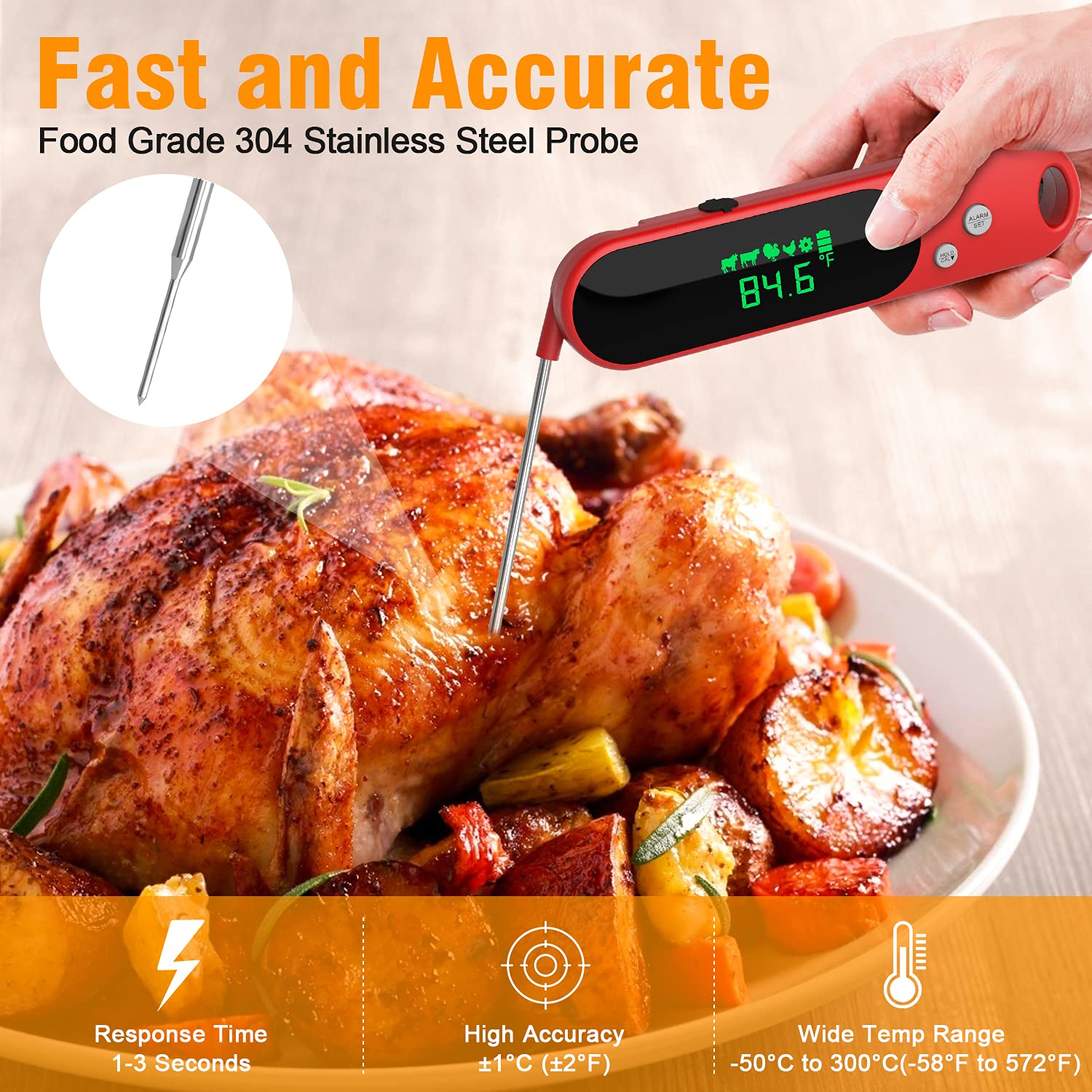 Dual Probe Digital Instant Read Food Thermometer with Alarm and Calibration Function, Waterproof Cooking Thermometer for Grilling, Baking, BBQ, Candy, Milk