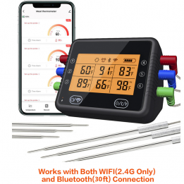 Wifi Bluetooth Wireless Meat Thermometer with 6 Probes, Bluetooth BBQ Thermometer, 2600mAh Battery, 4 Alarm Modes, Backlight, Countdown Clock Settings