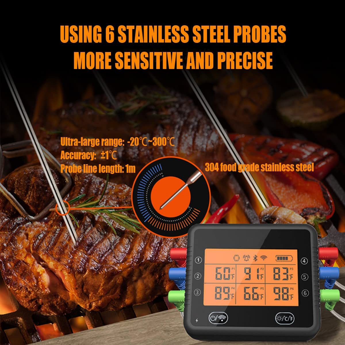 Wifi Bluetooth Wireless Meat Thermometer with 6 Probes, Bluetooth BBQ Thermometer, 2600mAh Battery, 4 Alarm Modes, Backlight, Countdown Clock Settings