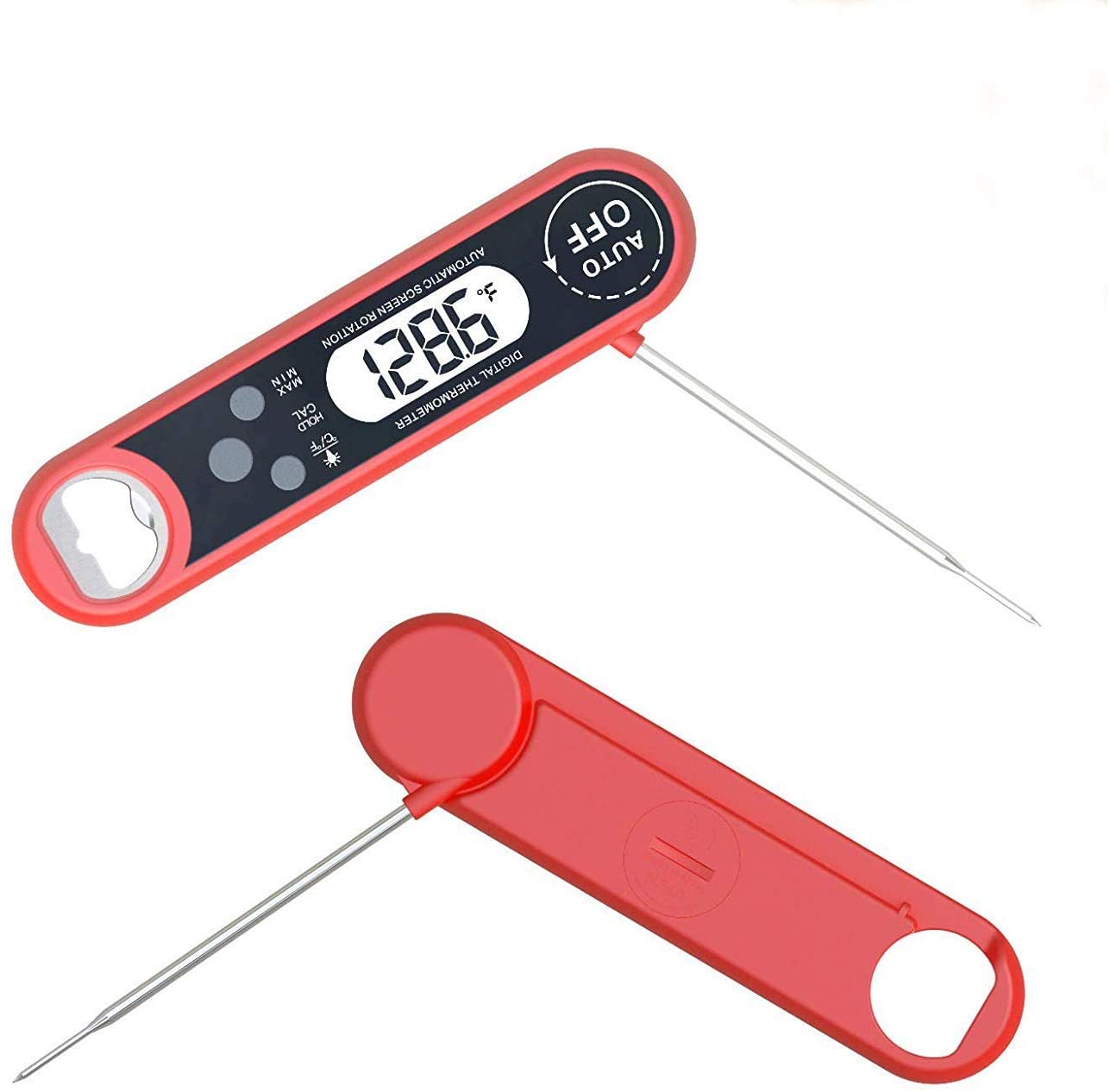 Waterproof Digital Kitchen Food Thermometer Built-in Folding Probe, LCD Backlight, Calibration Function, Bottle Opener for BBQ Oven Smoker Turkey Candy 