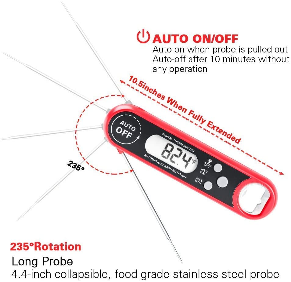 Waterproof Digital Kitchen Food Thermometer Built-in Folding Probe, LCD Backlight, Calibration Function, Bottle Opener for BBQ Oven Smoker Turkey Candy 