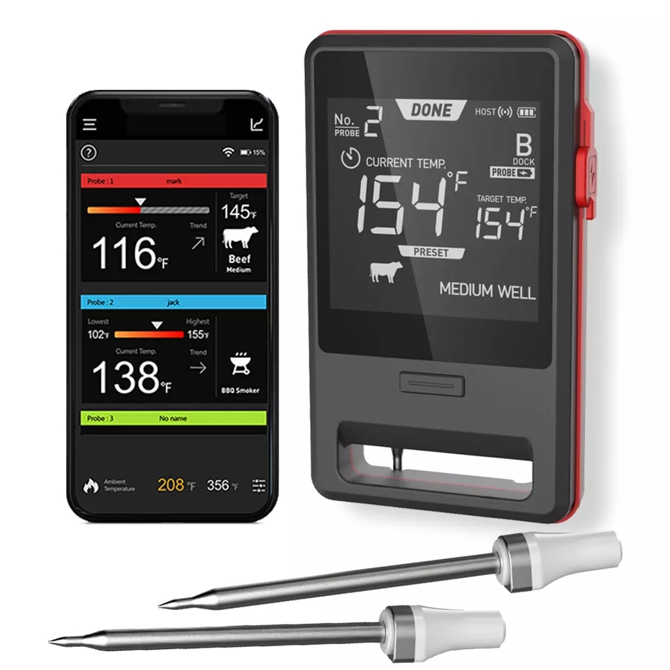 Dual probes thermometer, Bluetooth Wireless Long Range Digital Kitchen Food Roast Meats BBQ Thermometer With Dual Probes For Bbq Grilling Oven