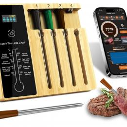 Wireless Meat Thermometer 4 Probe, 500FT Range Bluetooth Meat Thermometers, Smart App for iOS & Android, Highly-Sensitive Food Thermometer, Perfect for BBQ, Oven, Grill, Kitchen, Smoker & Rotisserie
